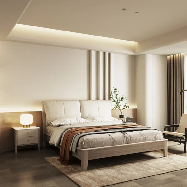 Modern Nordic 1.8 Meter Wedding Bed Genuine Leather Double Bed with Solid Wood Style Soft Style Bed