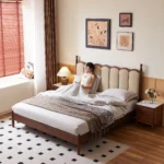 Good Price Italian Modern Minimalist Luxury Up-holstered Beds Lambswool Big Headboard King Size Beds for Villa Apartment