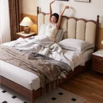 Good Price Italian Modern Minimalist Luxury Up-holstered Beds Lambswool Big Headboard King Size Beds for Villa Apartment - Image 2