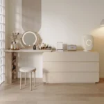 Beige Vintage Simple Make up Dressing Vanity Table Drawers Dresser Wood Women'S Bedroom Furniture With Chair - Image 2