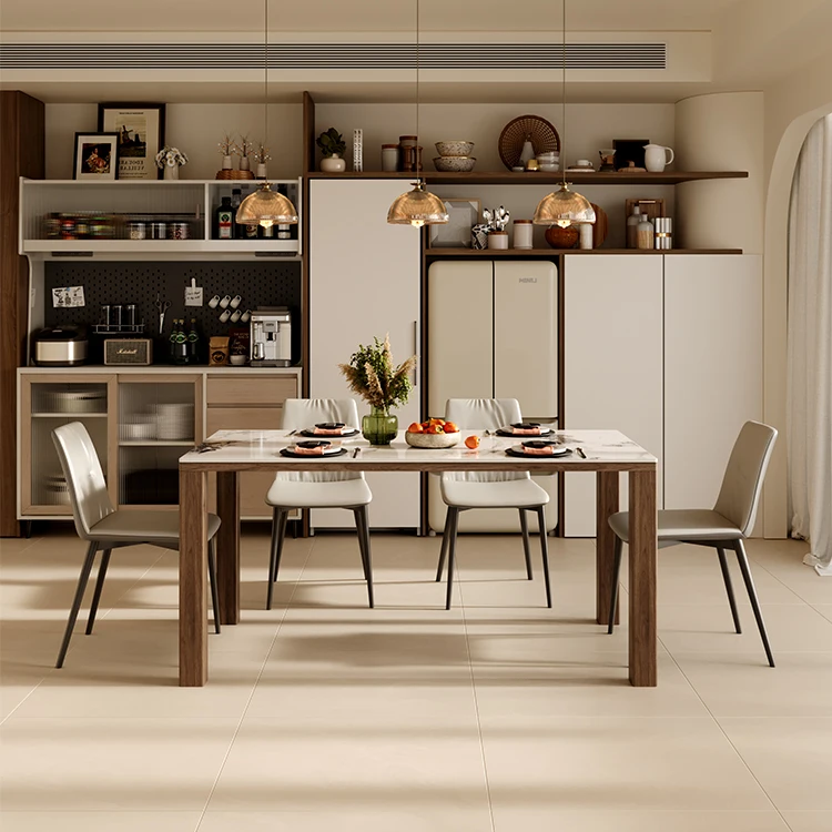 H5f9122aceb9a4c36b8f477457457d69cK.webp Nordic Stone/ Marble Top Dining Table with Wooden Base Modern Luxury Home Furniture for Kitchen Villas - Image 1