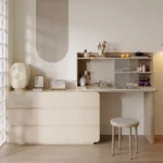 Beige Vintage Simple Make up Dressing Vanity Table Drawers Dresser Wood Women'S Bedroom Furniture With Chair