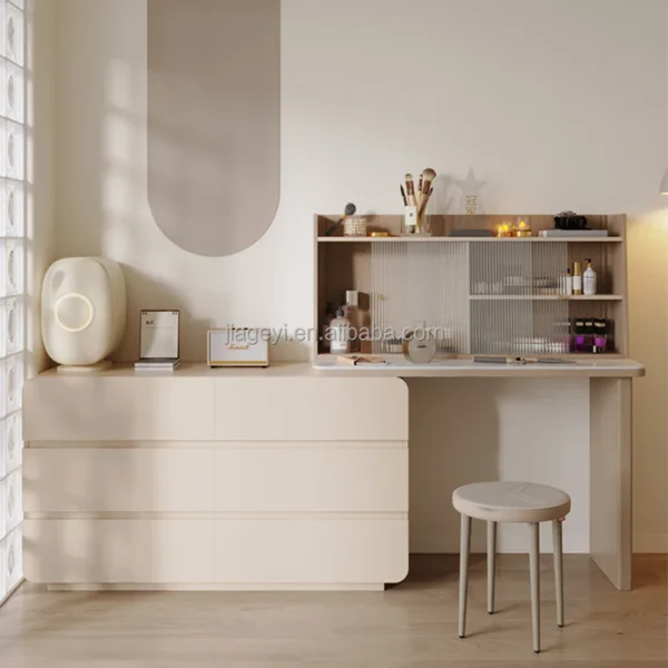 Beige Vintage Simple Make up Dressing Vanity Table Drawers Dresser Wood Women'S Bedroom Furniture With Chair