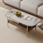 Light Luxury Oval Tea Table Slate Top Coffee Table for Living Room Furniture with Oak Birch Drawer